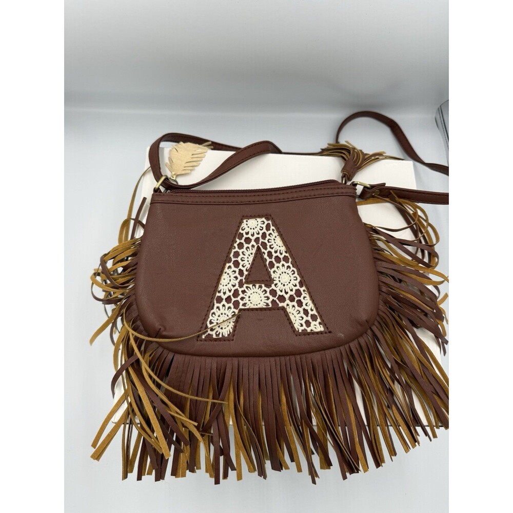 Justice “A” Cross Body Shoulder Bag Purse Tassels Western Brown With Lace